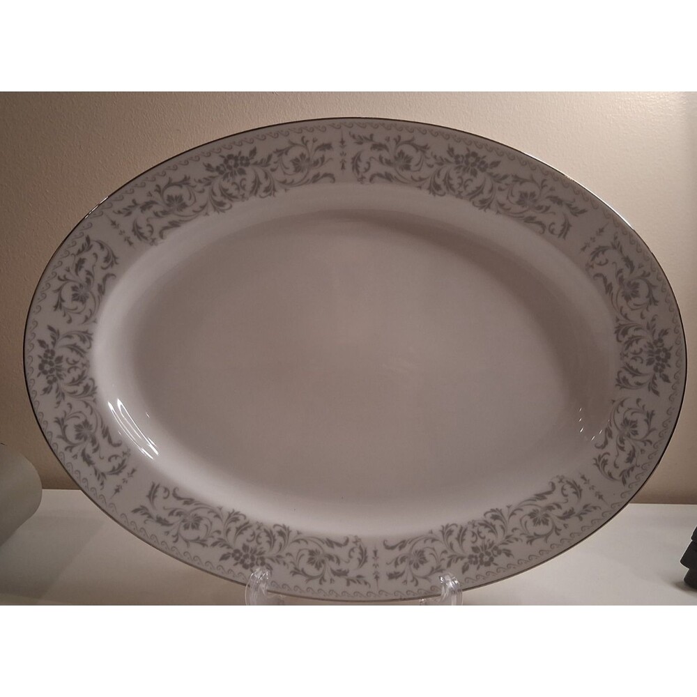 WESTBURY  Oval 14” Serving Platter Platinum Trim Light Grey & White Scroll